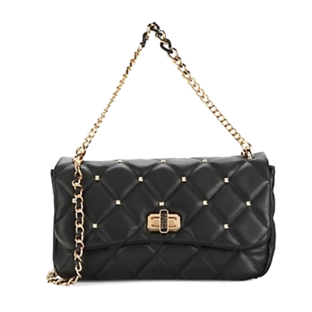 Badgley Mischka Black Diamond Quilt Studded Vegan Leather Crossbody Chain Straps